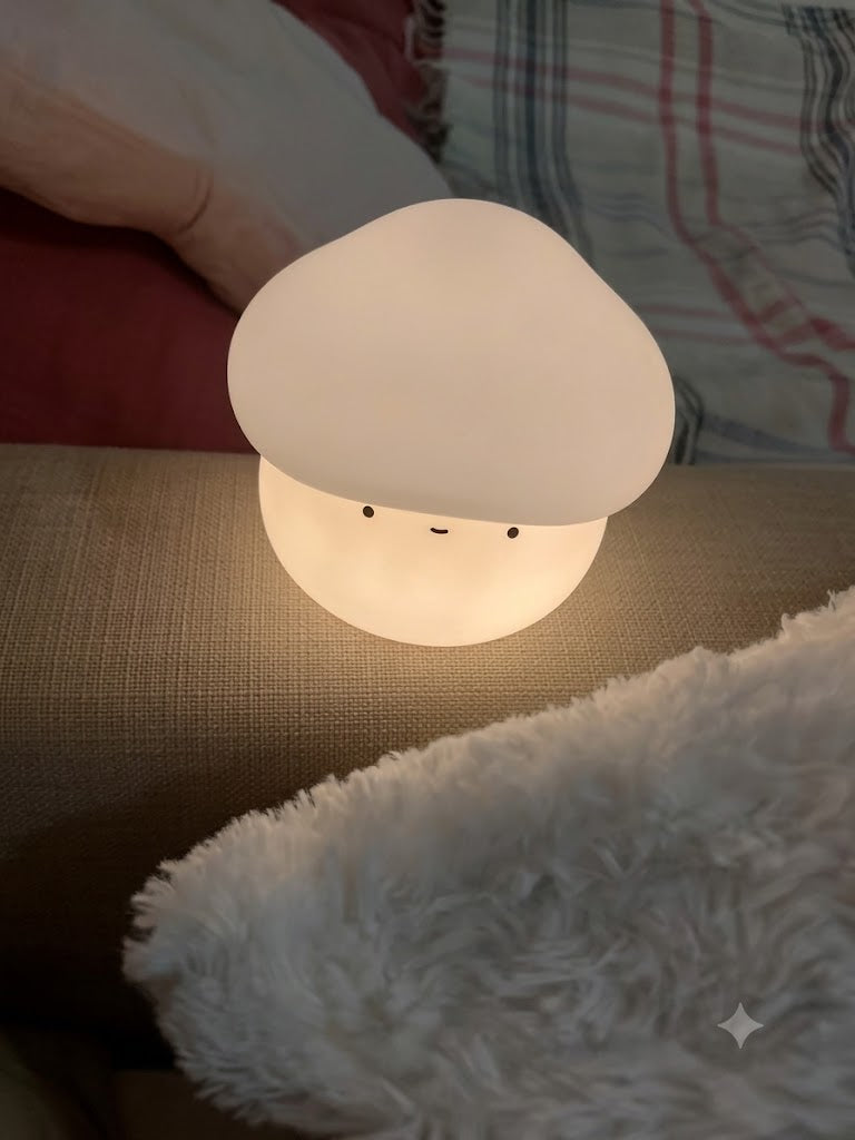 Veilleuse champignon à lumière douce posée près d'une couverture de bébé