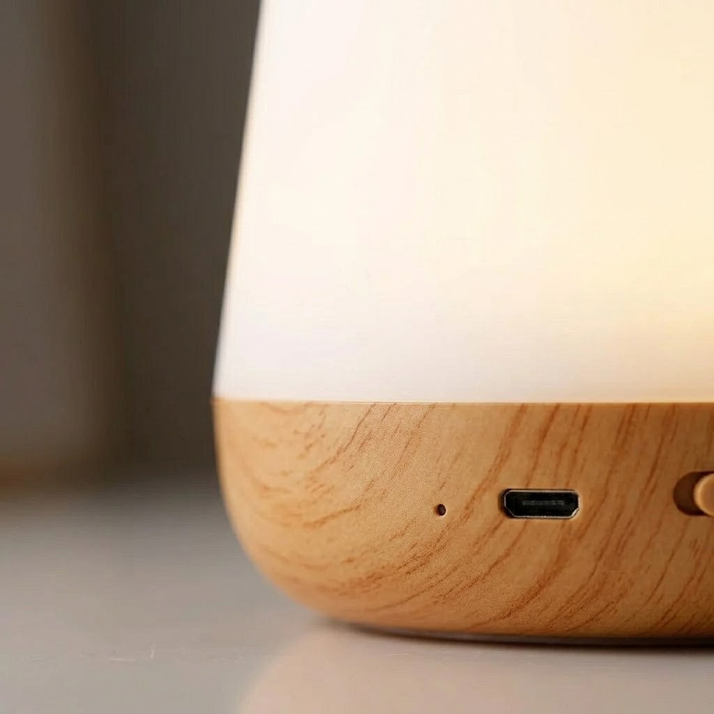 Socle en bois de la veilleuse rechargeable avec port de recharge USB-C