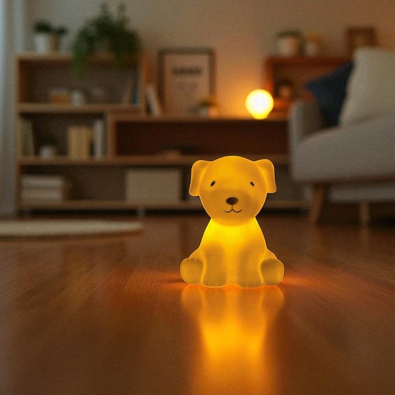Veilleuse chien LED à la lumière chaude dans un salon cosy